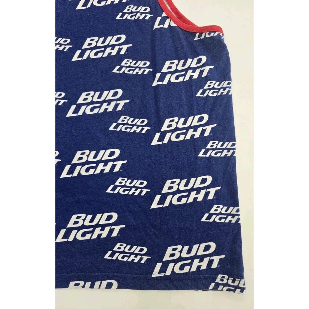 Bud Light Beer Men's Tank Top All Over Print Logo Blue Red Trim Size XL 46/48